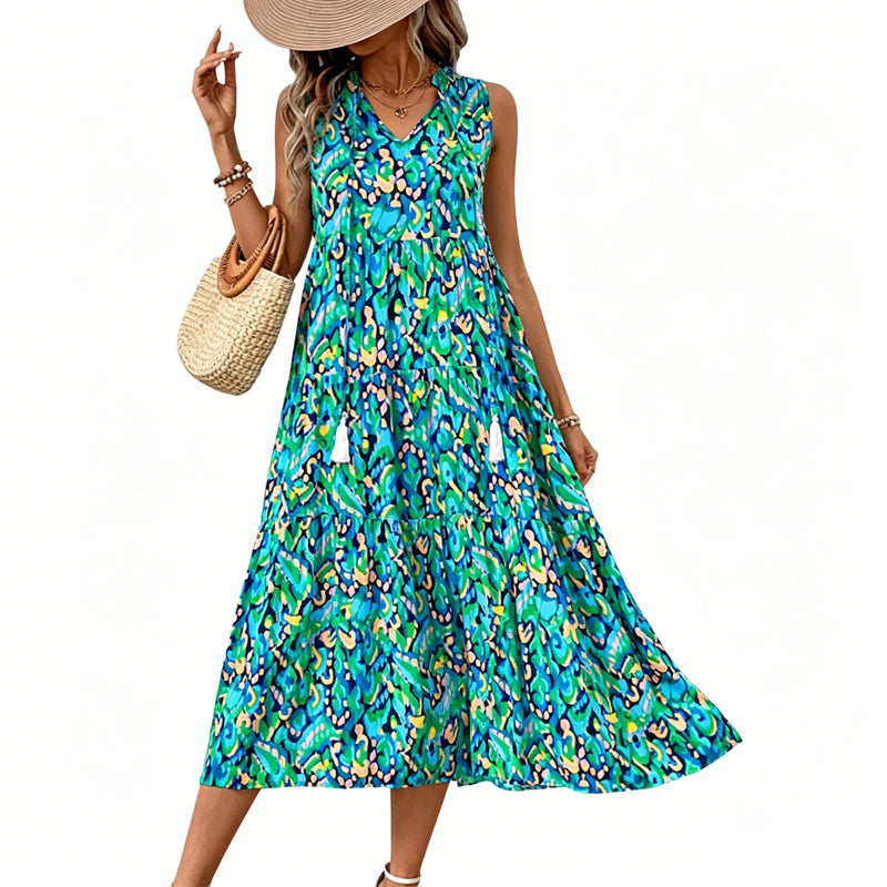 🎨 50% OFF NOW! 💃 Abstract Print Tiered Midi Dress – Flowy, Boho Chic & Breathable – Perfect for Summer Vacations ✨