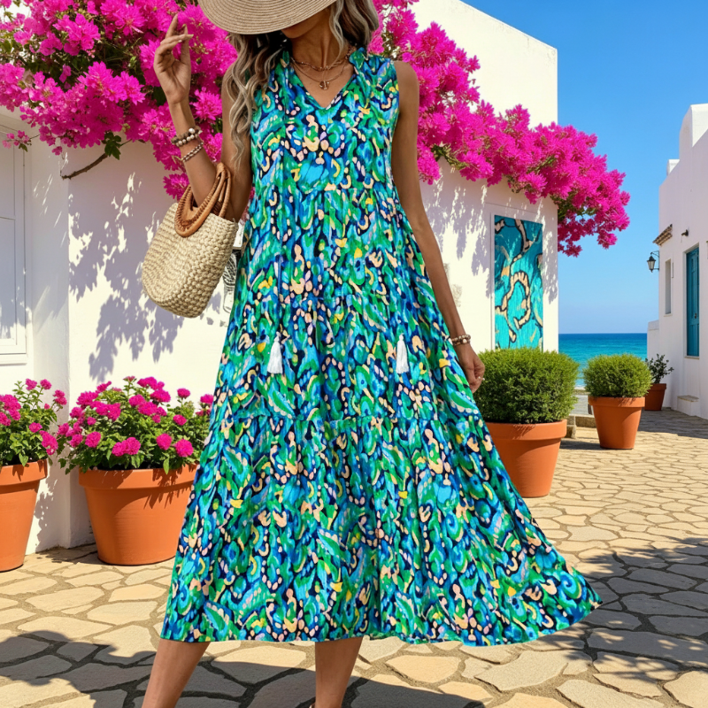 🎨 50% OFF NOW! 💃 Abstract Print Tiered Midi Dress – Flowy, Boho Chic & Breathable – Perfect for Summer Vacations ✨
