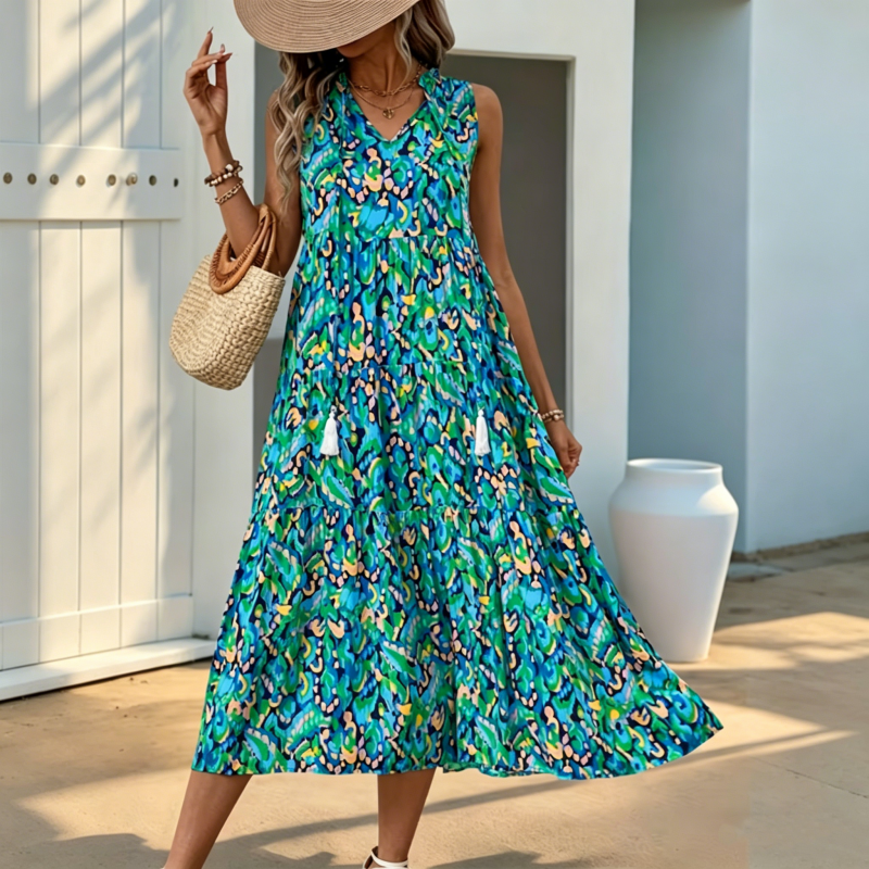 🎨 50% OFF NOW! 💃 Abstract Print Tiered Midi Dress – Flowy, Boho Chic & Breathable – Perfect for Summer Vacations ✨