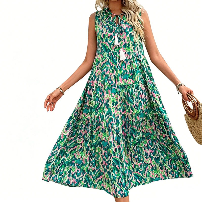 🎨 50% OFF NOW! 💃 Abstract Print Tiered Midi Dress – Flowy, Boho Chic & Breathable – Perfect for Summer Vacations ✨