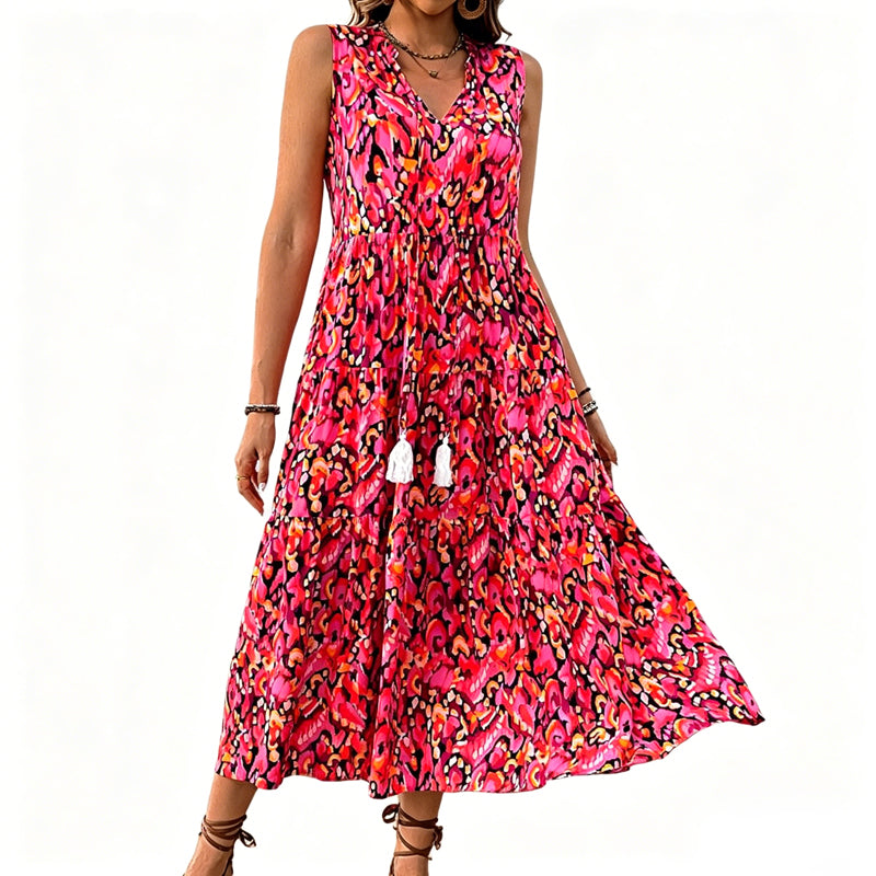 🎨 50% OFF NOW! 💃 Abstract Print Tiered Midi Dress – Flowy, Boho Chic & Breathable – Perfect for Summer Vacations ✨