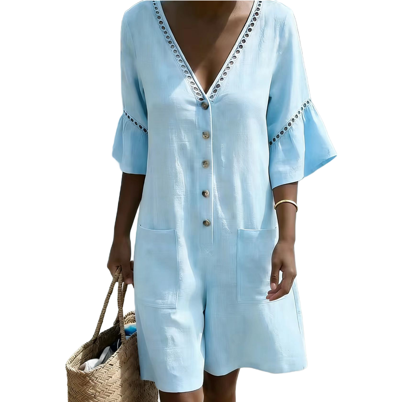 Women's Summer V-Neck Jumpsuit with Bell Sleeves