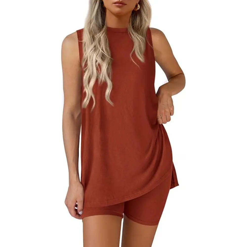 🟣Summer Hot Sale 49% OFF🧊Sleeveless Crewneck Women's 2 Piece Sets Summer Matching Lounge Shorts Set Resort Airport Travel Outfit Split Hem Casual Clothes