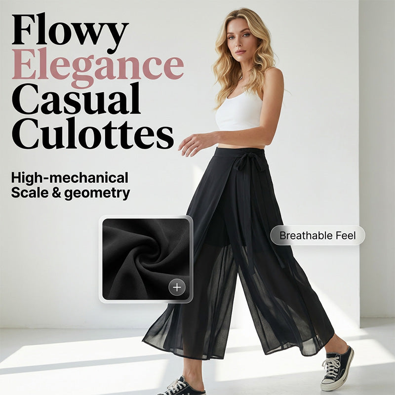 Solid Color Casual Culottes with Tie-Waist