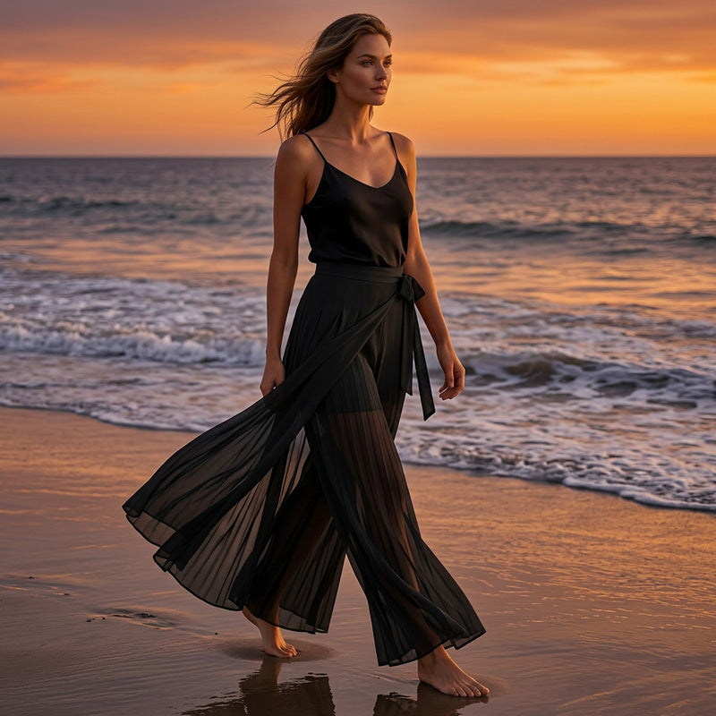 Solid Color Casual Culottes with Tie-Waist