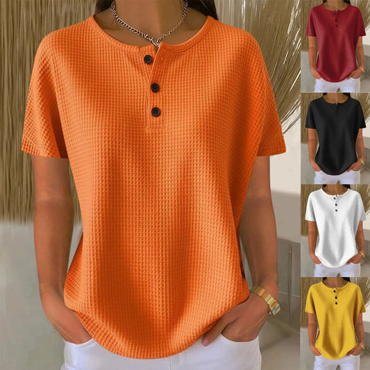 Women's Short Sleeve Waffle Knit Henley Top