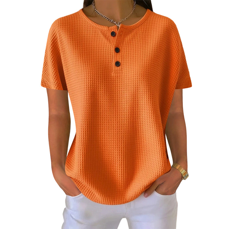 Women's Short Sleeve Waffle Knit Henley Top