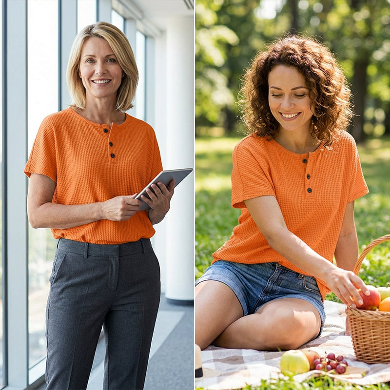 Women's Short Sleeve Waffle Knit Henley Top
