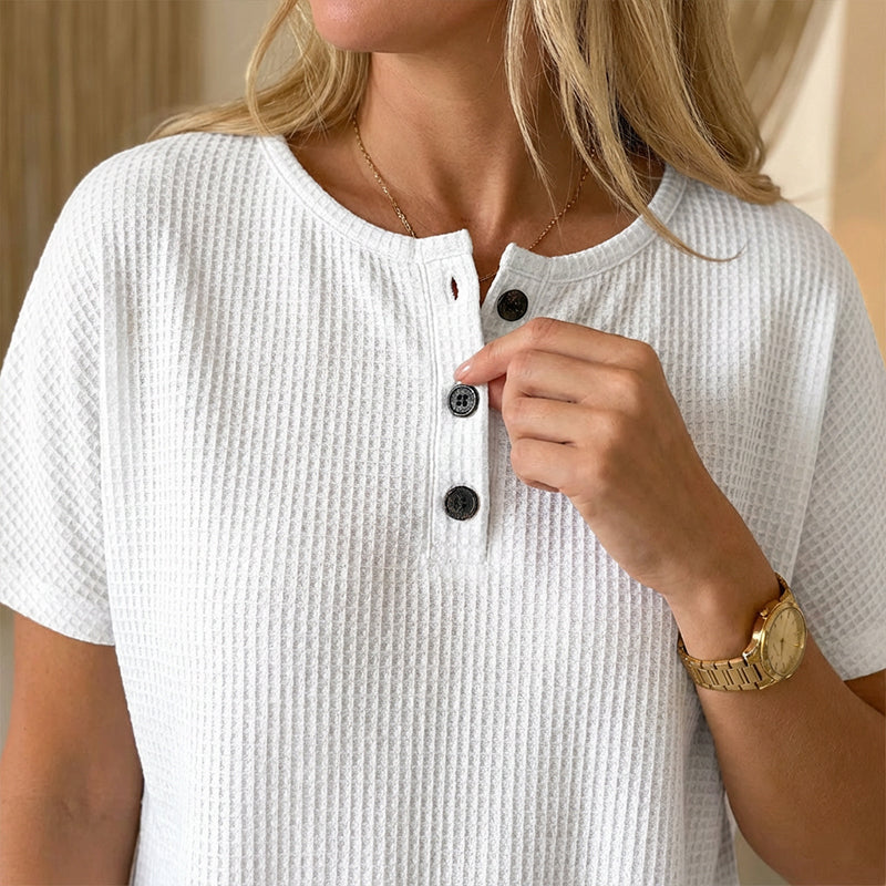 Women's Short Sleeve Waffle Knit Henley Top