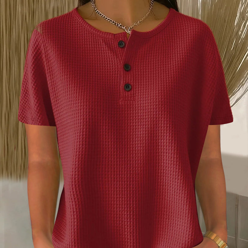 Women's Short Sleeve Waffle Knit Henley Top