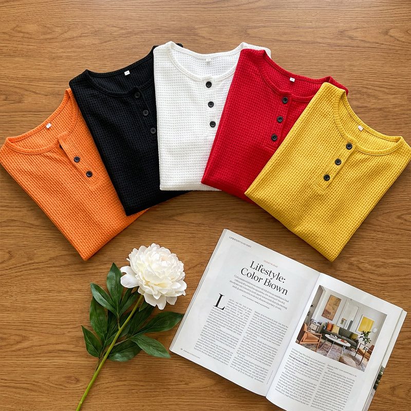 Women's Short Sleeve Waffle Knit Henley Top