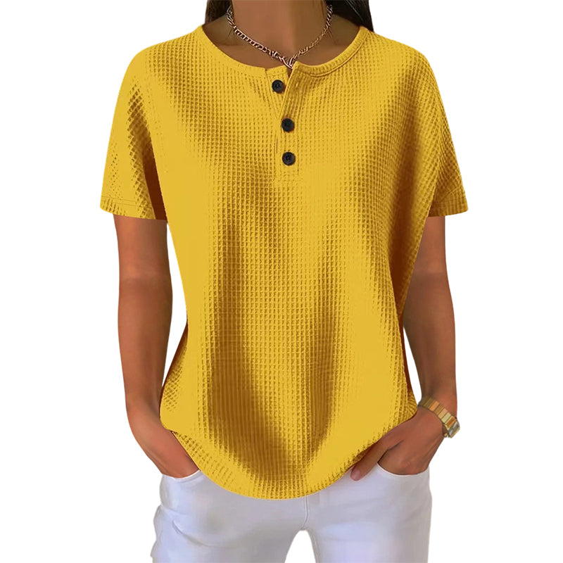 Women's Short Sleeve Waffle Knit Henley Top