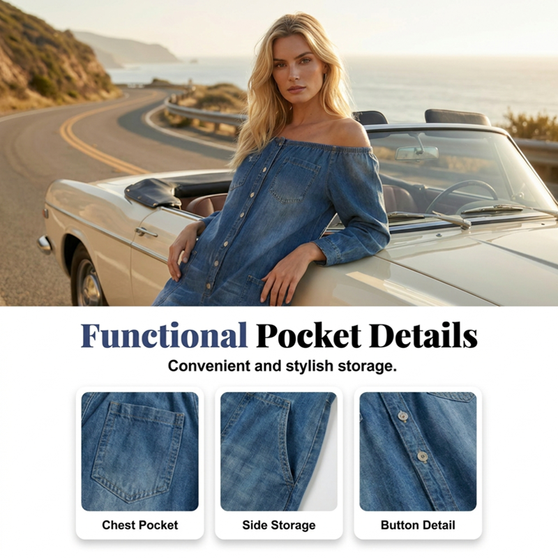 📢📢50% OFF !! ⏰Off-Shoulder Wide-Leg Denim Jumpsuit