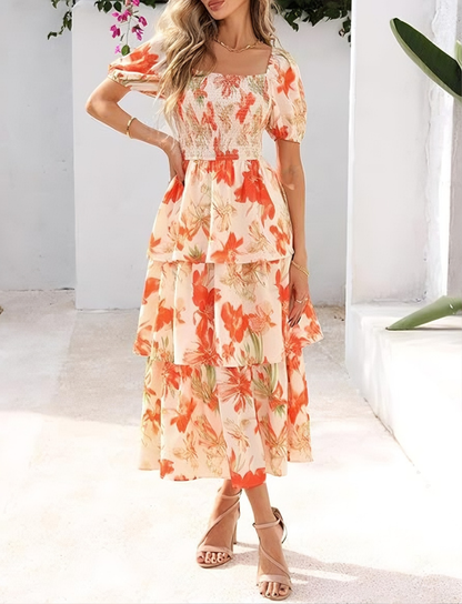🌸 A summer dream – Chiffon maxi dress with a floral print and ruffles – short-sleeved with a round neckline👗
