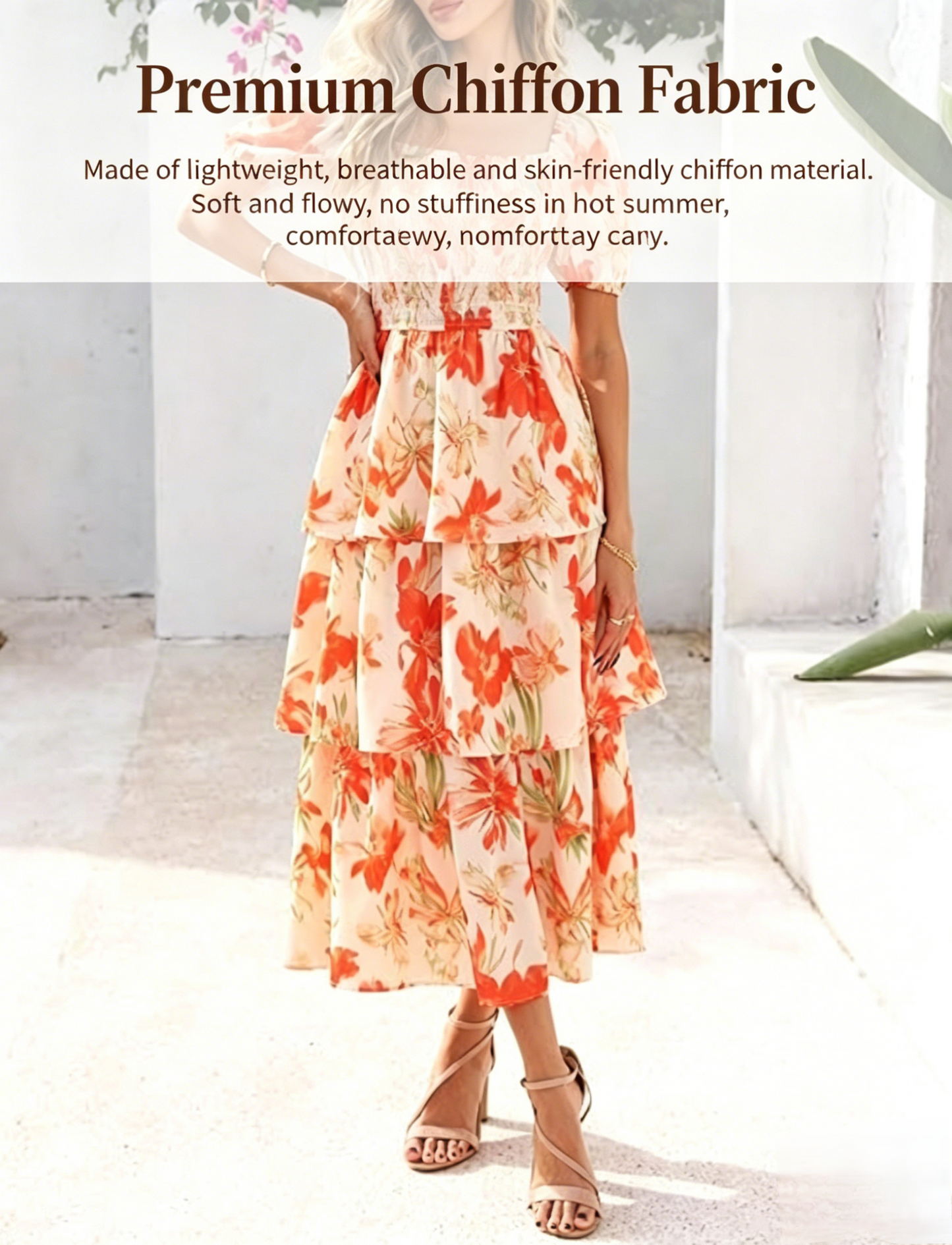 🌸 A summer dream – Chiffon maxi dress with a floral print and ruffles – short-sleeved with a round neckline👗