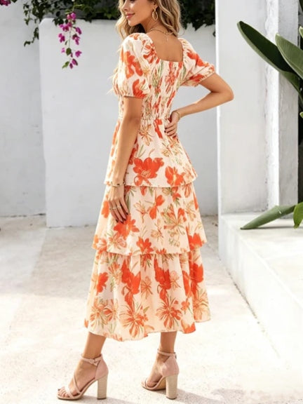 🌸 A summer dream – Chiffon maxi dress with a floral print and ruffles – short-sleeved with a round neckline👗