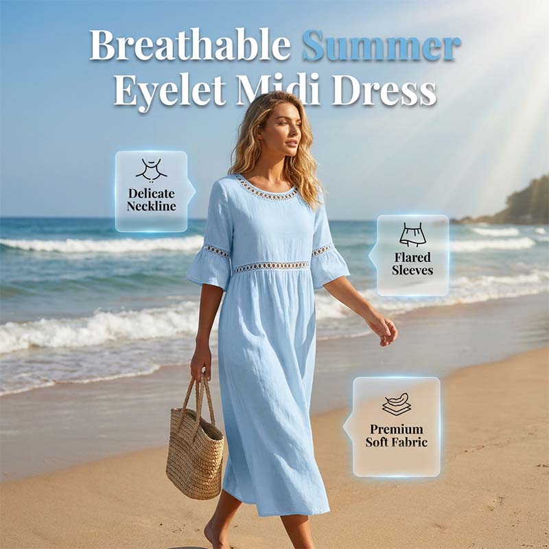 Women's Eyelet Flared Sleeve Midi Dress