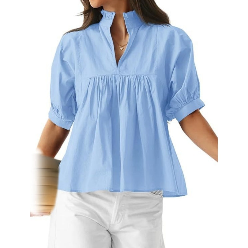 Women's Ruffle Neck Puff Sleeve Blouse