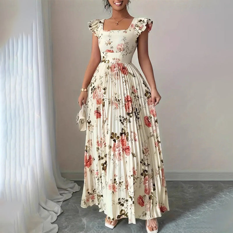 🌸👗✨ 2026 New Arrival Floral Pleated Maxi Dress – Elegant Square Neck & Ruffle Sleeves