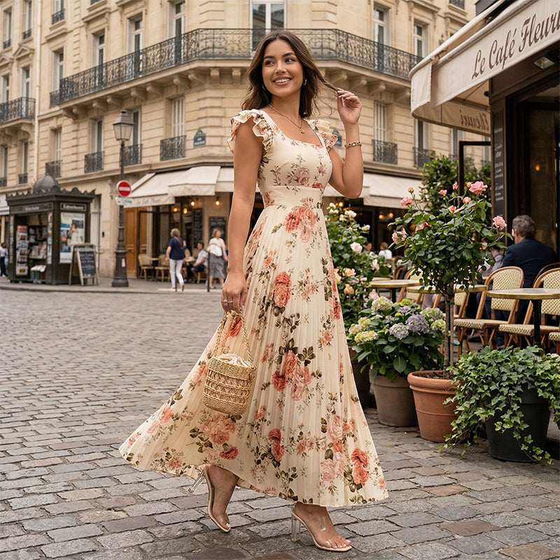 🌸👗✨ 2026 New Arrival Floral Pleated Maxi Dress – Elegant Square Neck & Ruffle Sleeves