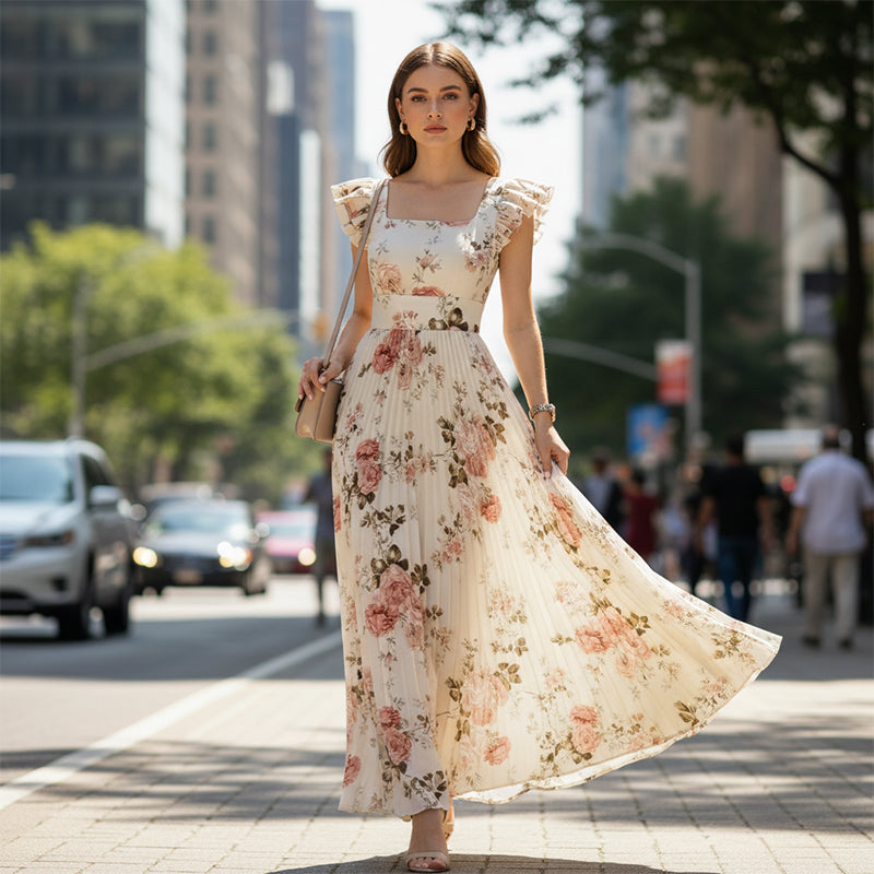 🌸👗✨ 2026 New Arrival Floral Pleated Maxi Dress – Elegant Square Neck & Ruffle Sleeves