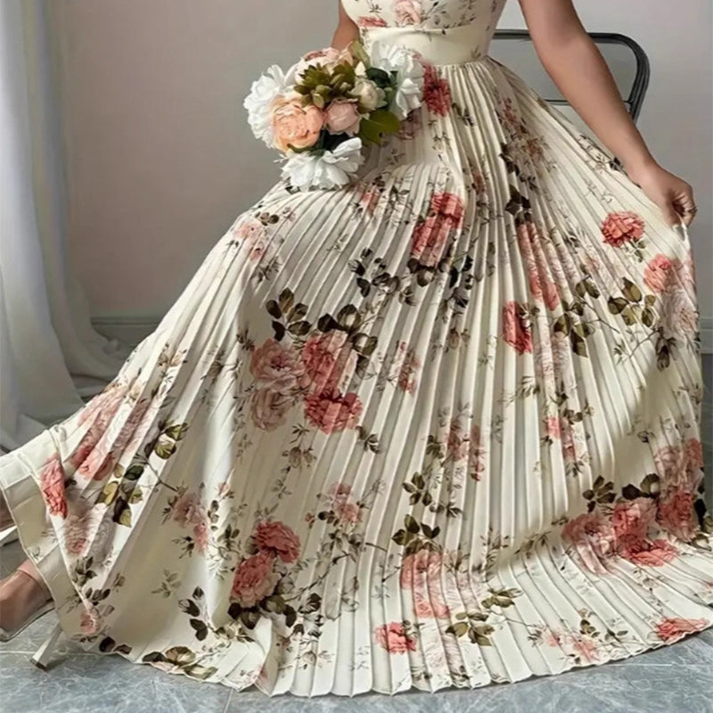 🌸👗✨ 2026 New Arrival Floral Pleated Maxi Dress – Elegant Square Neck & Ruffle Sleeves