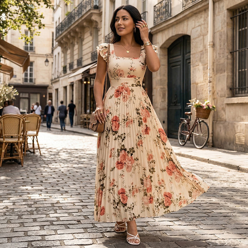 🌸👗✨ 2026 New Arrival Floral Pleated Maxi Dress – Elegant Square Neck & Ruffle Sleeves