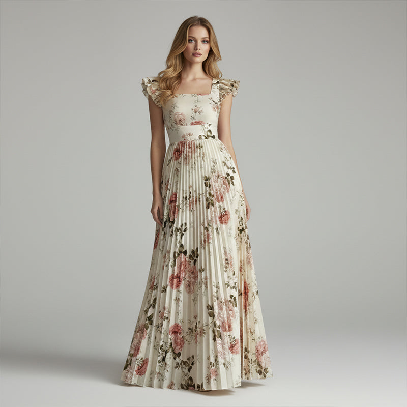 🌸👗✨ 2026 New Arrival Floral Pleated Maxi Dress – Elegant Square Neck & Ruffle Sleeves