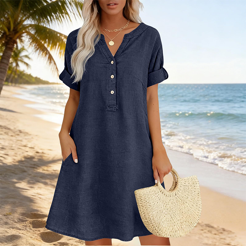 Women's Casual V-Neck Tunic Dress with Pockets