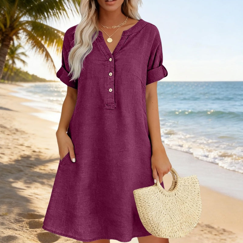 Women's Casual V-Neck Tunic Dress with Pockets