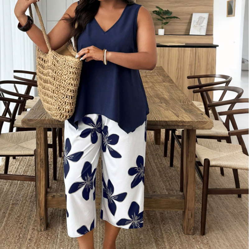 📢📢40% OFF !! ⏰Women's Asymmetrical Top & Floral Capri Pants Set