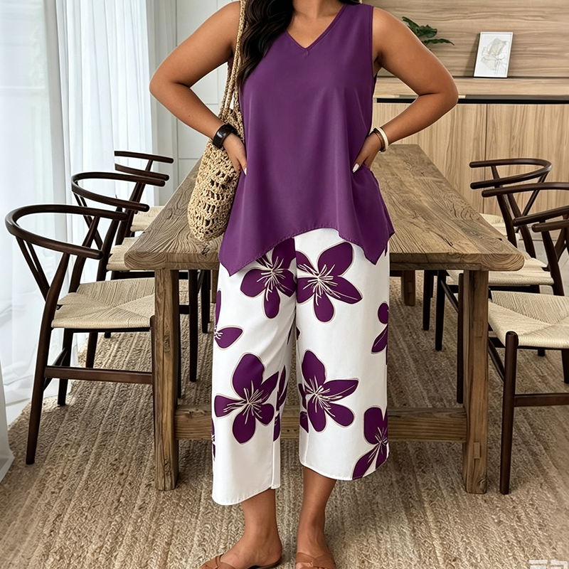 📢📢40% OFF !! ⏰Women's Asymmetrical Top & Floral Capri Pants Set