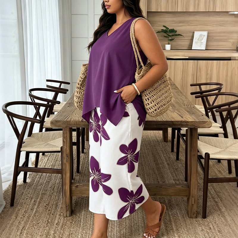 📢📢40% OFF !! ⏰Women's Asymmetrical Top & Floral Capri Pants Set
