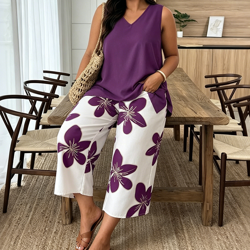📢📢40% OFF !! ⏰Women's Asymmetrical Top & Floral Capri Pants Set