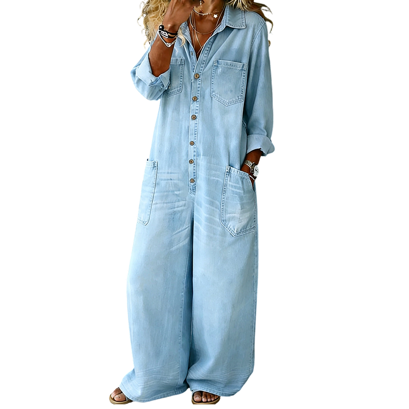 ✨ Timeless Denim Style | Women's Relaxed Wide-Leg Utility Jumpsuit