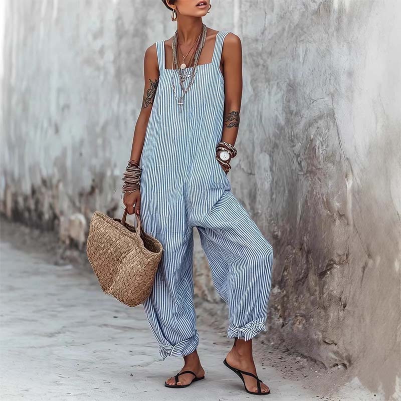 👒 LIMITED-TIME 50% OFF! ✨ Women's Striped Spaghetti Strap Jumpsuit – Relaxed, Breezy, Cotton 🌤️