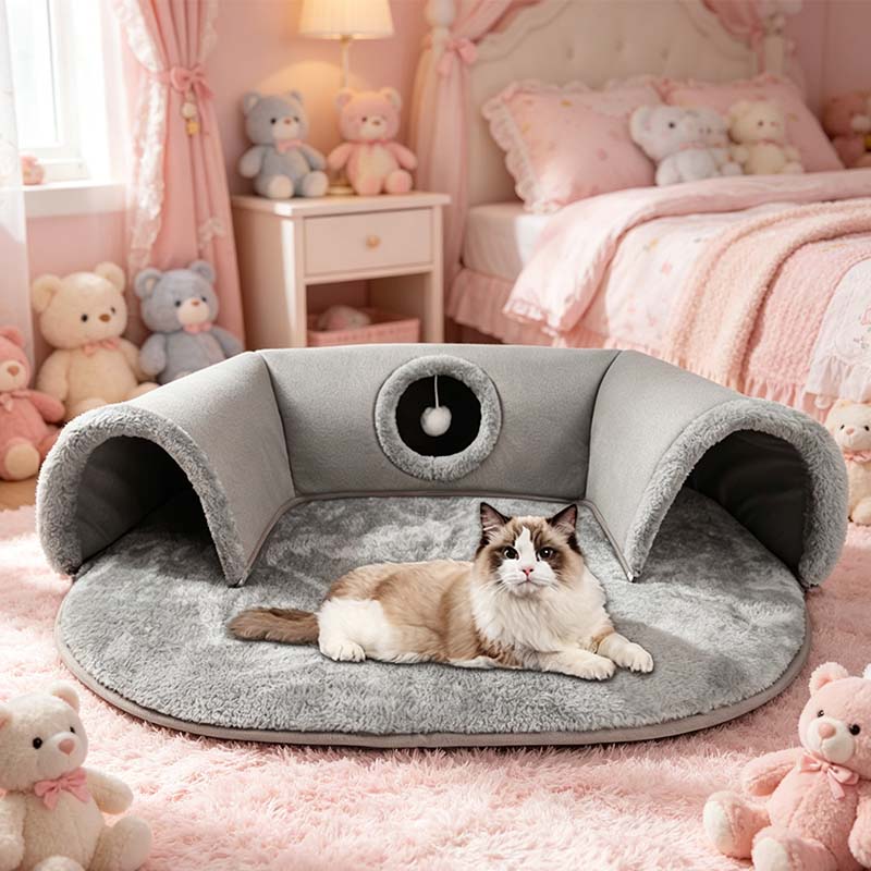 🐱 50% OFF NOW! 🛏️ Plush 2-in-1 Cat Tunnel Bed – Collapsible, scratch-resistant & cozy – combines hideaway tunnel with soft sleeping pad – perfect for play, rest & pouncing 🐾