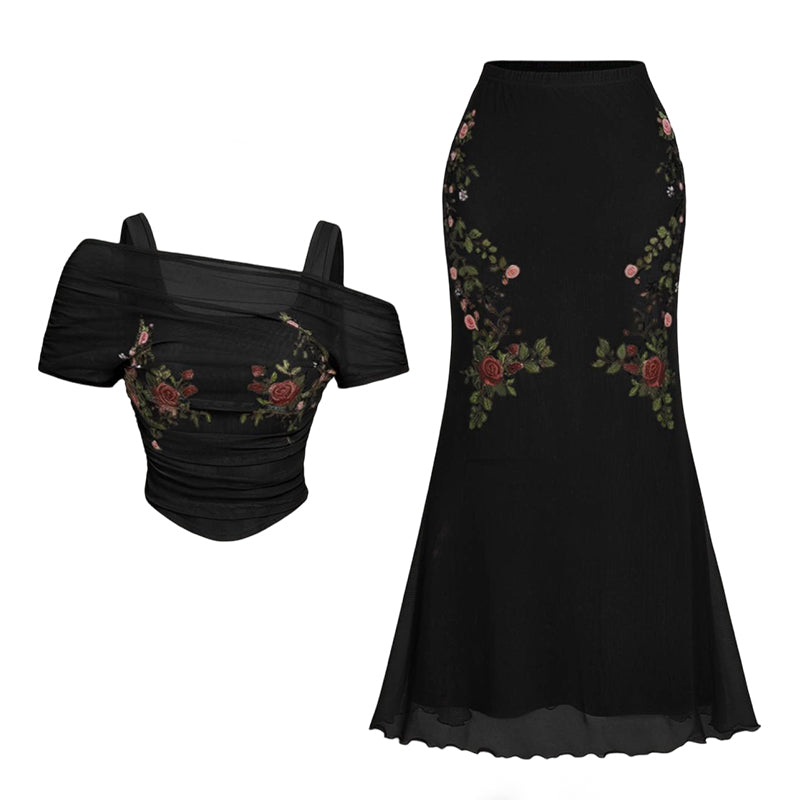 👗 LIMITED-TIME 52% OFF! ✨ Women's Off-Shoulder Top & Skirt Set – Embroidered, Fishtail, Elegant