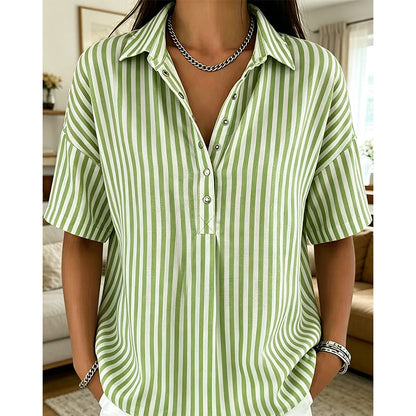 👚 50% OFF NOW!🌿 Women's Casual Striped Short-Sleeve Shirt – Relaxed Fit & V-Neck – Summer Essential 🛍️