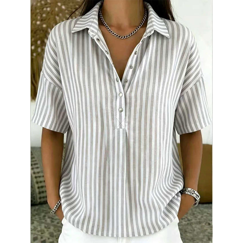 👚 50% OFF NOW!🌿 Women's Casual Striped Short-Sleeve Shirt – Relaxed Fit & V-Neck – Summer Essential 🛍️