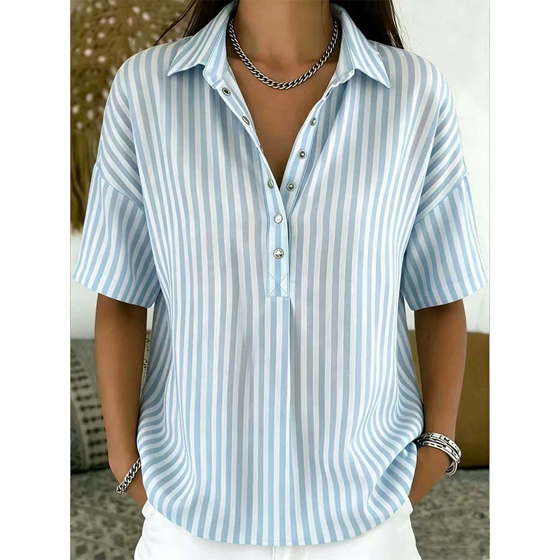 👚 50% OFF NOW!🌿 Women's Casual Striped Short-Sleeve Shirt – Relaxed Fit & V-Neck – Summer Essential 🛍️