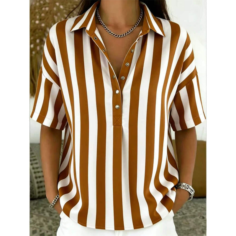 👚 50% OFF NOW!🌿 Women's Casual Striped Short-Sleeve Shirt – Relaxed Fit & V-Neck – Summer Essential 🛍️