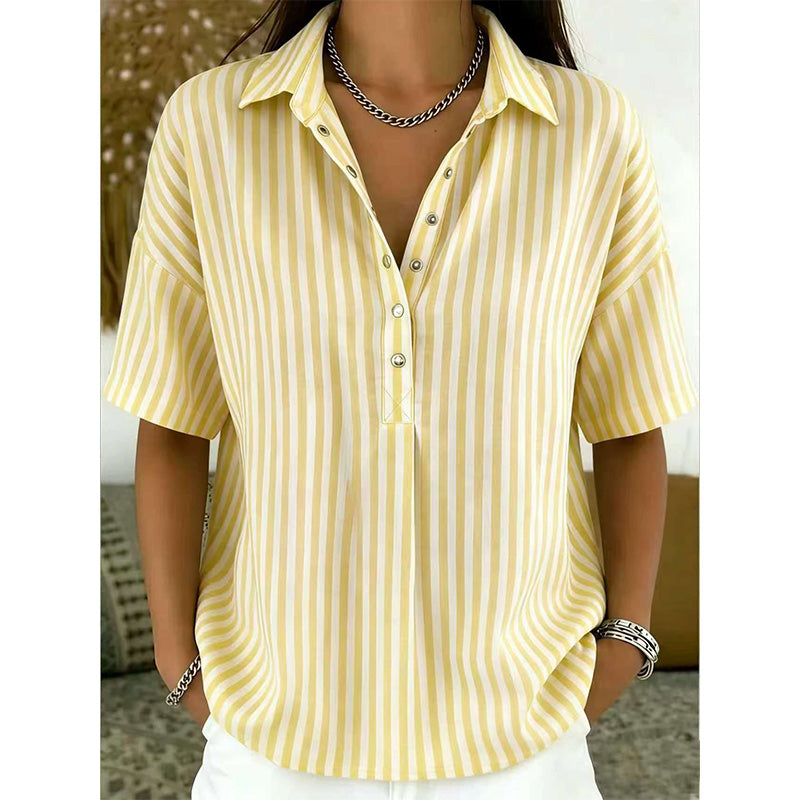 👚 50% OFF NOW!🌿 Women's Casual Striped Short-Sleeve Shirt – Relaxed Fit & V-Neck – Summer Essential 🛍️