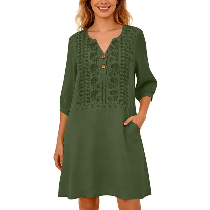 Women's Embroidered V-Neck Linen Dress