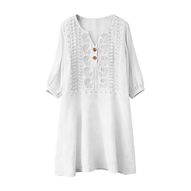 Women's Embroidered V-Neck Linen Dress