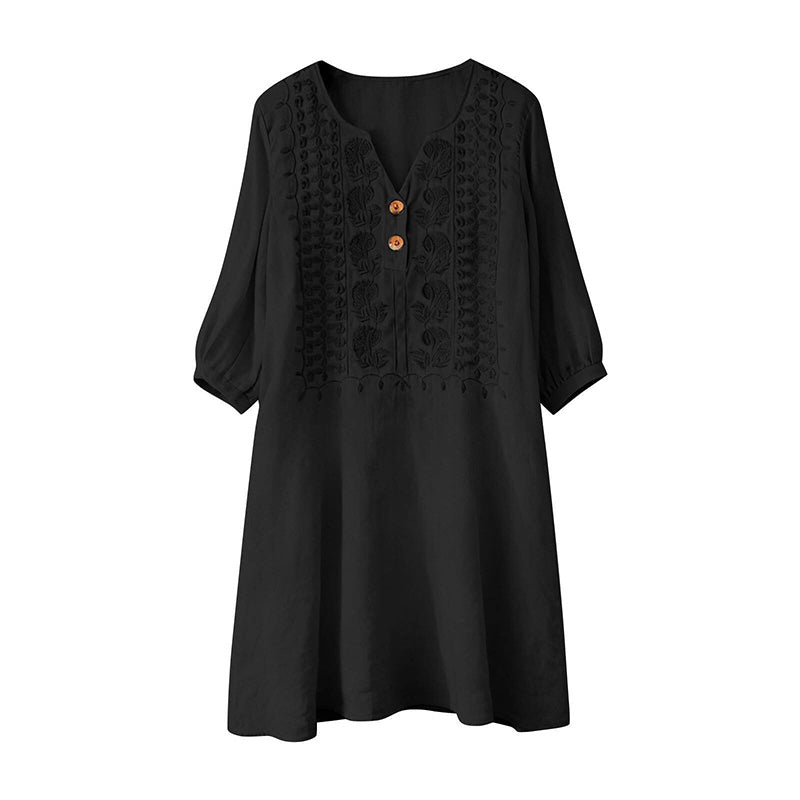 Women's Embroidered V-Neck Linen Dress