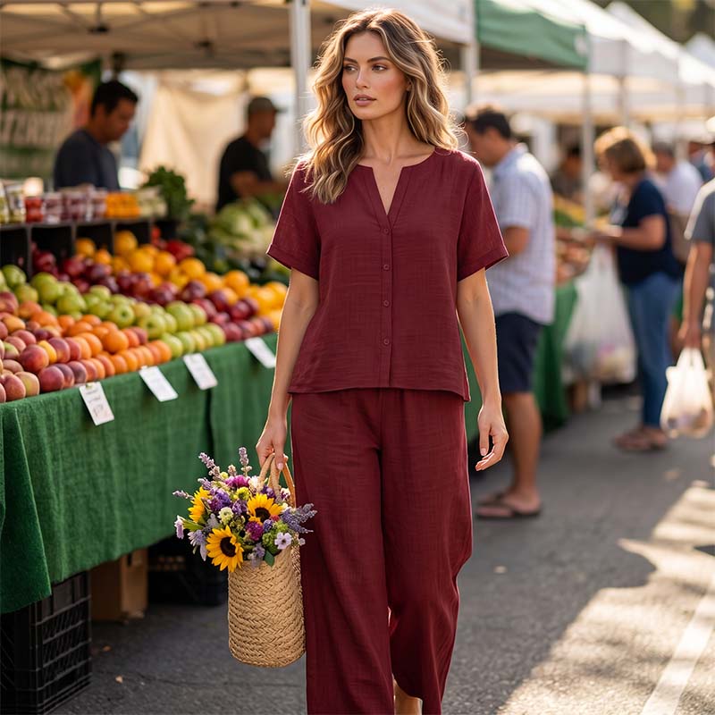 Women's Short Sleeve Top & Wide Leg Pants Set