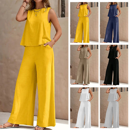 Solid Color Sleeveless Top & Wide Leg Pants Set