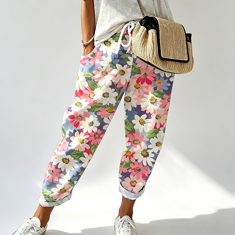 Women's Floral Print Drawstring Casual Pants
