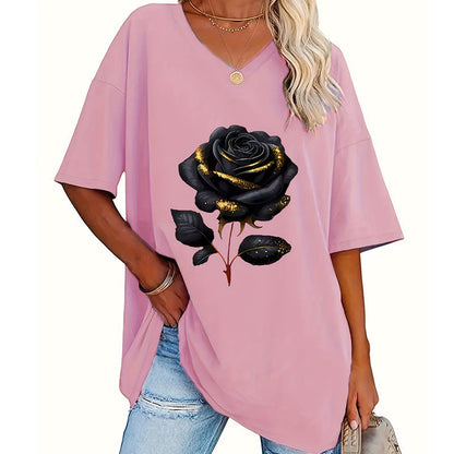 Women's Plus-Size Rose Print V-Neck T-Shirt